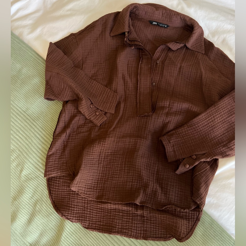 ZARA Brown Linen Blouse Pullover Oversized Sz Small